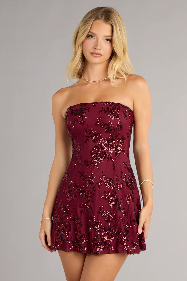 Shimmer In Bloom Floral Sequin Mini Tube Dress | Windsor Stores
