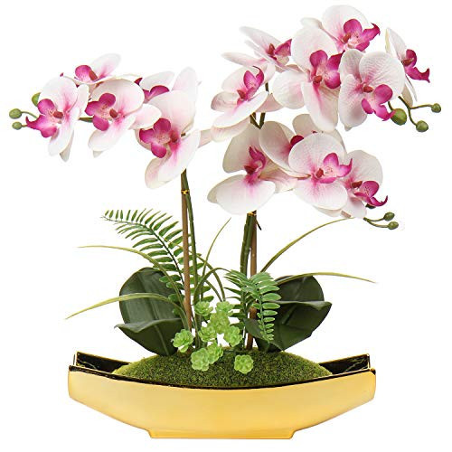 Briful Orchids Artificial Flowers 15" Light Pink Phalaenopsis Orchid with Gold Pots Real Touch Faux Orchid Plant for Home Office Living Room Table Shelf Decor | Amazon (US)