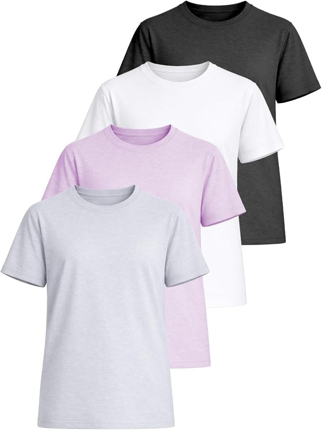 4 Pack Kids Athletic T-Shirts, Moisture Wicking Crewneck Tees for Youth | Machine Washable, Taped... | Amazon (US)