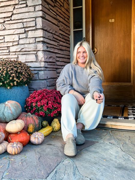 The coziest look. Perfect for running around all weekend. His sweater is a favorite run oversized, I have it in a large and xl (multiple colors). The pants run tts, if between size down. Boston clogs run small. I’m usually a 40 in birks and I went with a 41. I also linked some similar options. 

#LTKSeasonal #LTKstyletip #LTKshoecrush