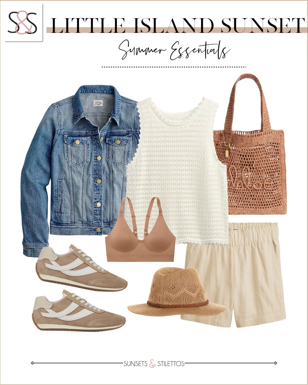 What to wear for easy spring errands. A textured tank and linen shorts keep it breathable, while a denim jacket and neutral sneakers give it structure and style.

Sunsets and Stilettos spring outfit idea casual spring look denim jacket linen shorts neutral sneakers spring errands outfit capsule wardrobe crochet bag spring hat coastal style

#LTKOver40 #LTKTravel #LTKStyleTip