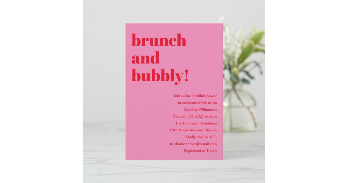 Bold Pink Red Modern Brunch Bubbly Bridal Shower Invitation | Zazzle