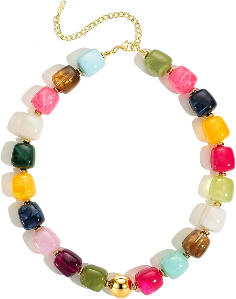 Chunky Beaded Necklaces for Women - Colorful Large Square Acrylic Beaded Necklace Chunky Statemen... | Amazon (US)
