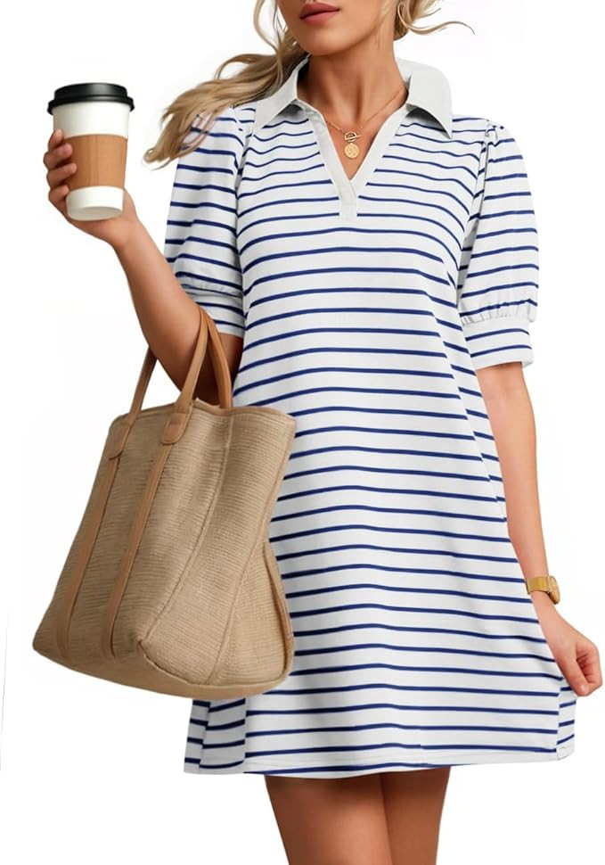 ZESICA Women's Summer Casual Striped Mini Dresses 2025 Lapel V Neck Short Sleeve Flowy A Line T S... | Amazon (US)