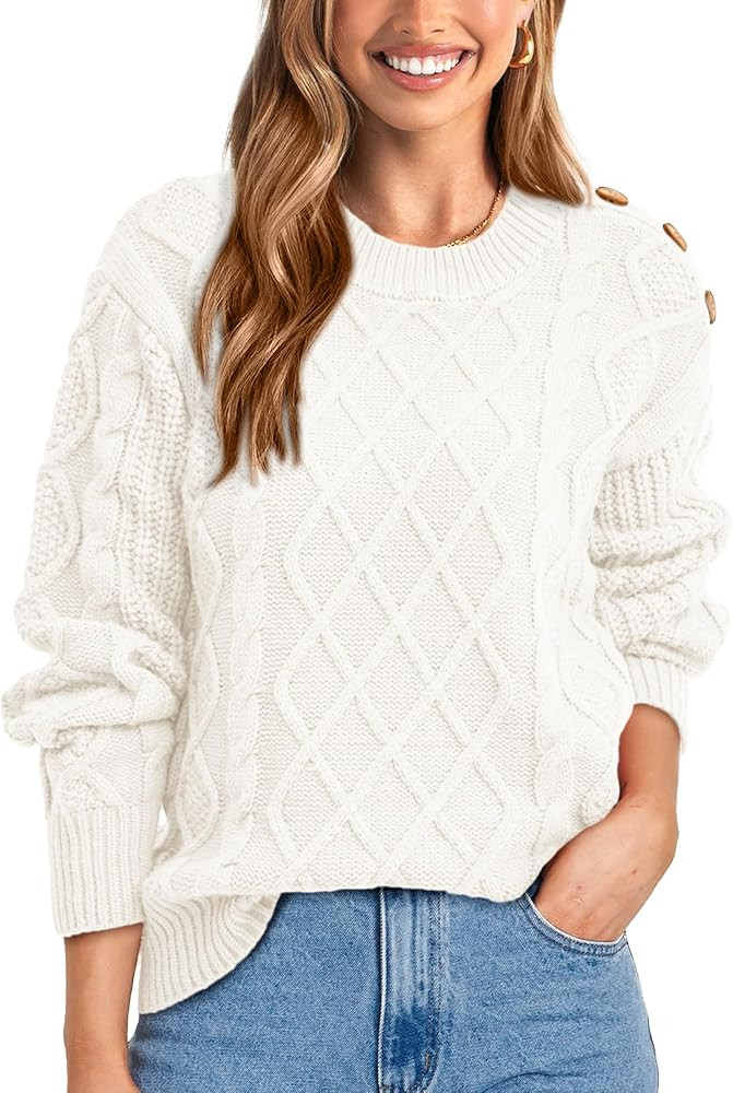BTFBM Women's Long Sleeve Cable Sweater Crew Neck Button Shoulder Oversized Casual Fall Winter Kn... | Amazon (US)