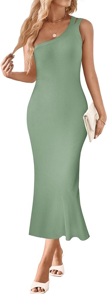ZESICA Womens One Shoulder Sleeveless Dresses 2024 Summer Slim Fit Ribbed Knit Back Slit Midi Bod... | Amazon (US)