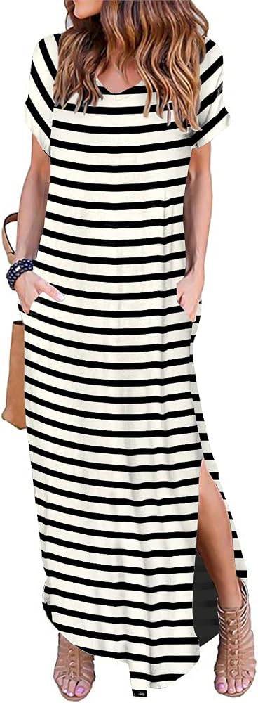 Women's Casual Loose Sundress Short Sleeve V Neck Long Dress Split Maxi Summer Beach Dress with P... | Amazon (US)