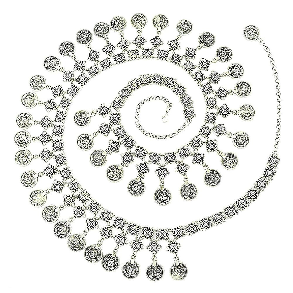 TianBo Vintage Antique Silver Color Coin Tassels Pendant Belly Dance Body Chain Waist Chains Turk... | Amazon (US)