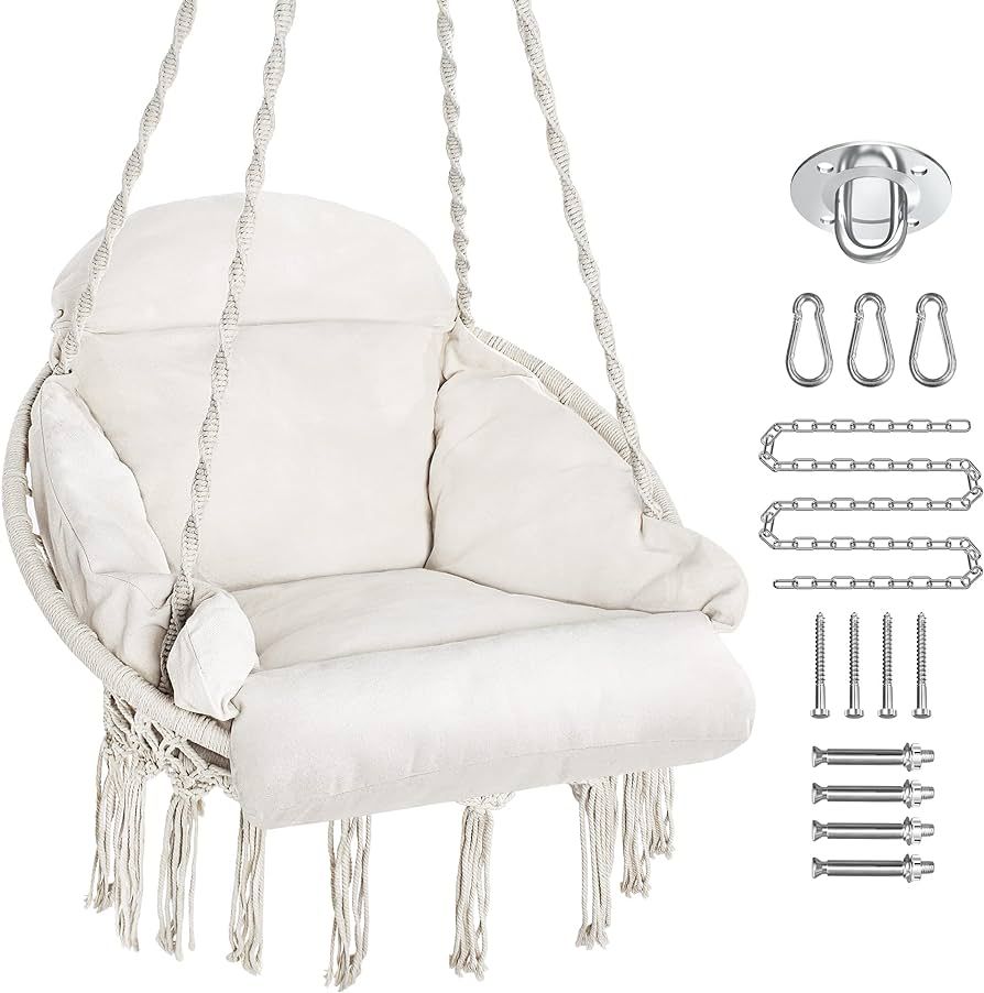 PUREKEA Hammock Chair, Macrame Hanging Swing Chair with Large Padded Cushion and Hardware Kits, M... | Amazon (US)