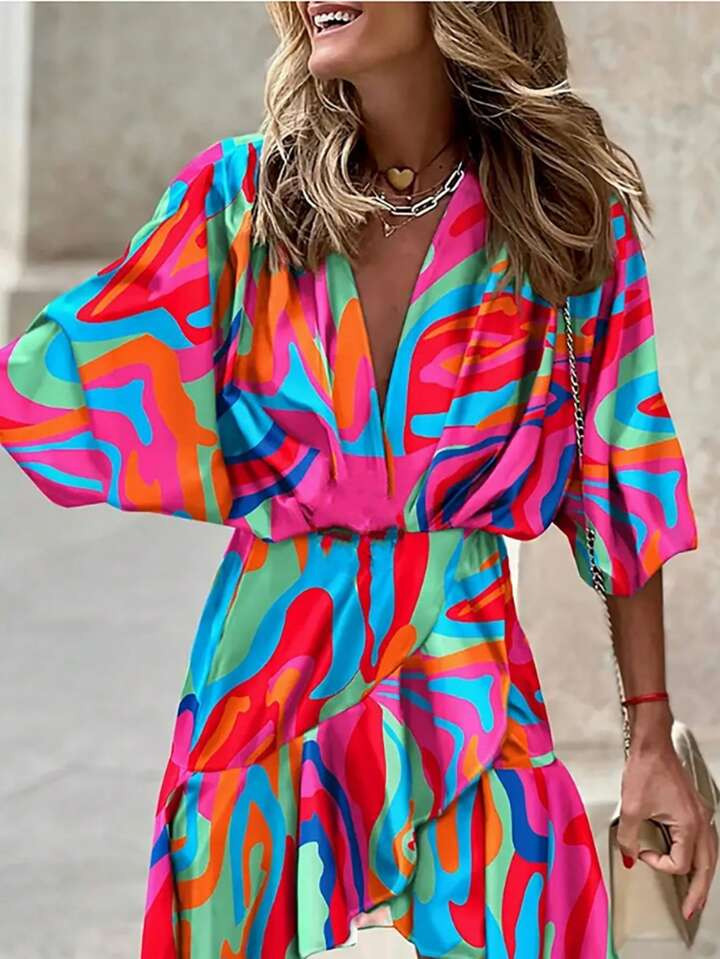 SHEIN VCAY Women's Colorful Printed V-Neck Fashion Dress | SHEIN