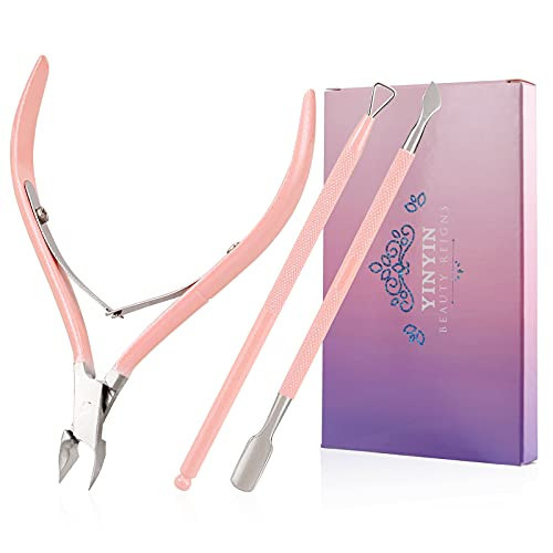 YINYIN Professional Stainless Steel Cuticle Trimmer with Pusher and Cutter - Durable Pedicure Manicure Tools for Fingernails and Toenails (Pink) | Amazon (US)