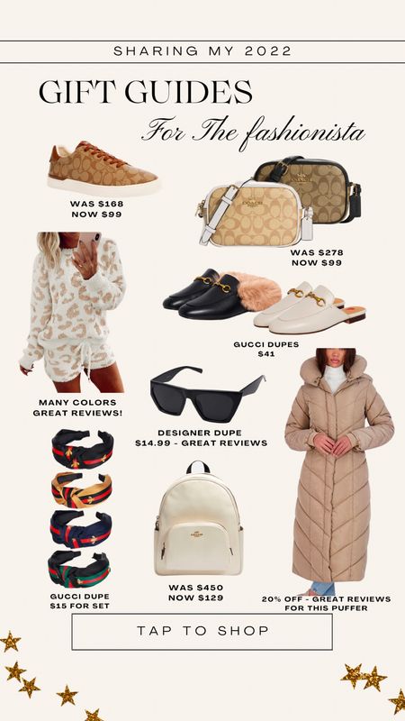Gift guide for her. Gifts for the fashionista. Designer dupes. Gucci dupes. Long puffer. Mules: headband. Comfy pjs: purse: 

#LTKGiftGuide #LTKSeasonal #LTKHoliday