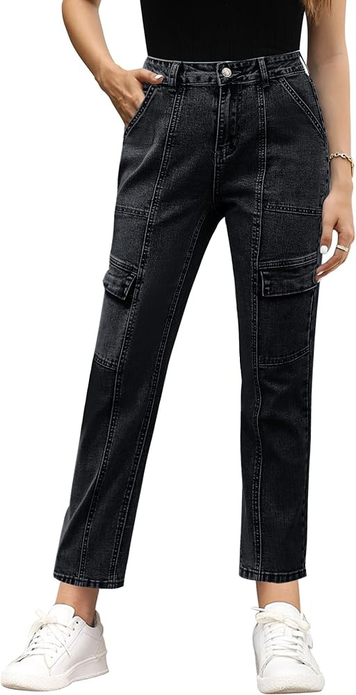 GRAPENT 2023 Jeans for Women Fashion Cargo Pants High Waisted Stretch Straight Leg Distressed Den... | Amazon (US)