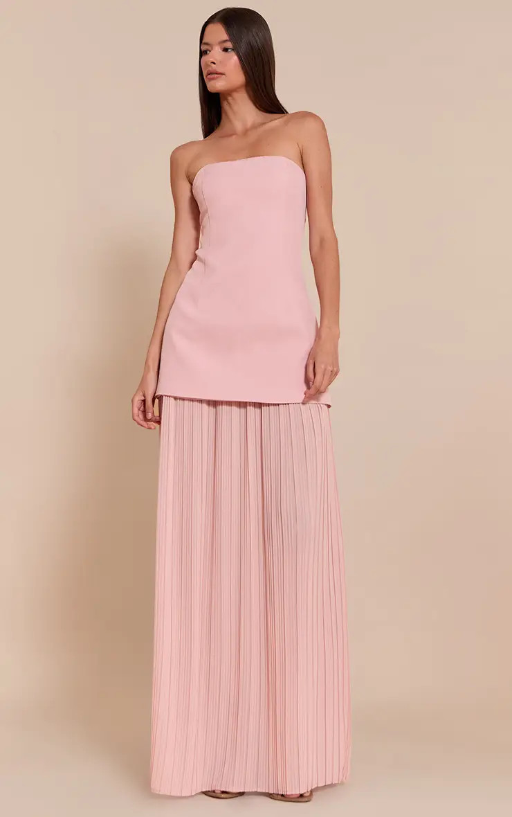 Blush Bandeau Pleated Chiffon Skirt Panel Maxi Dress | PrettyLittleThing USA | PrettyLittleThing US