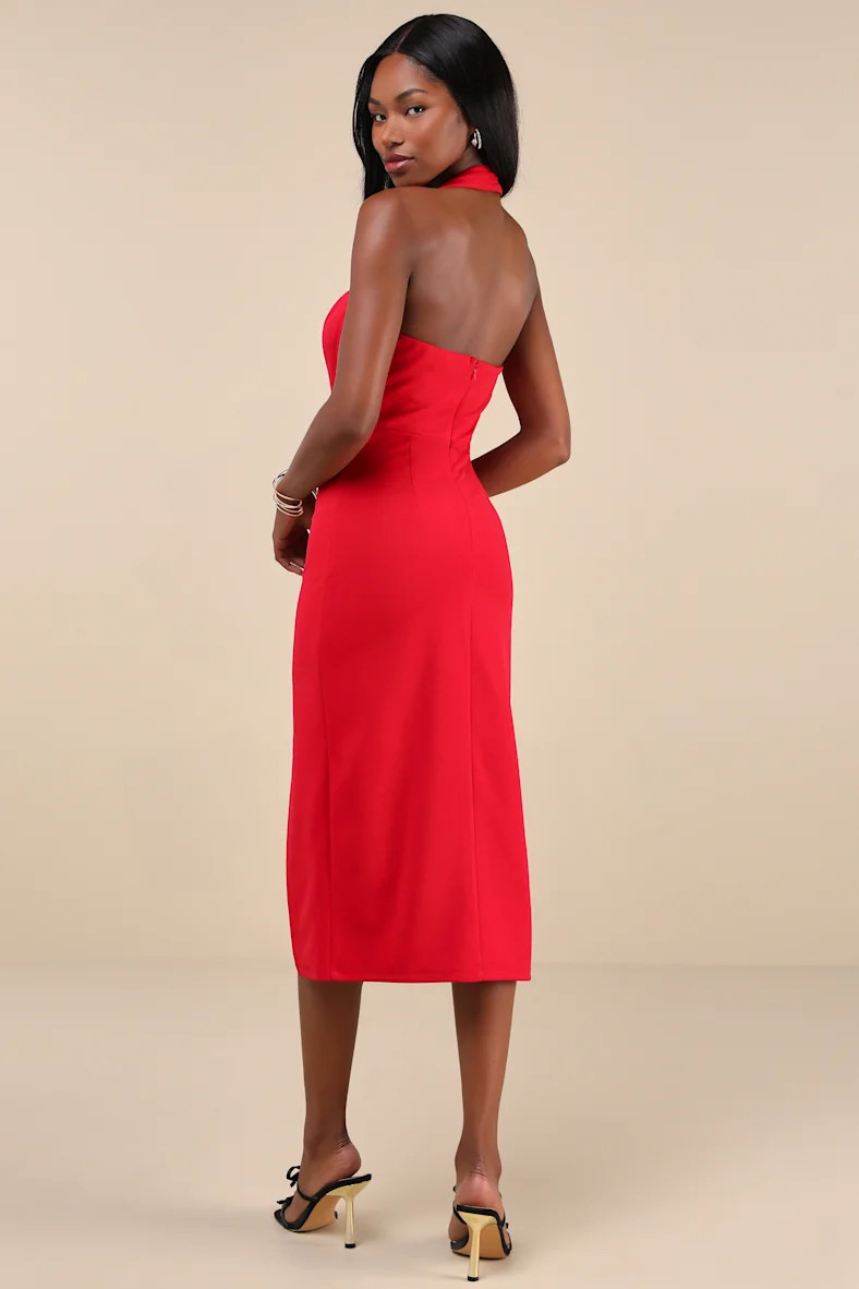 Irresistible Silhouette Red Backless Bustier Halter Midi Dress | Lulus