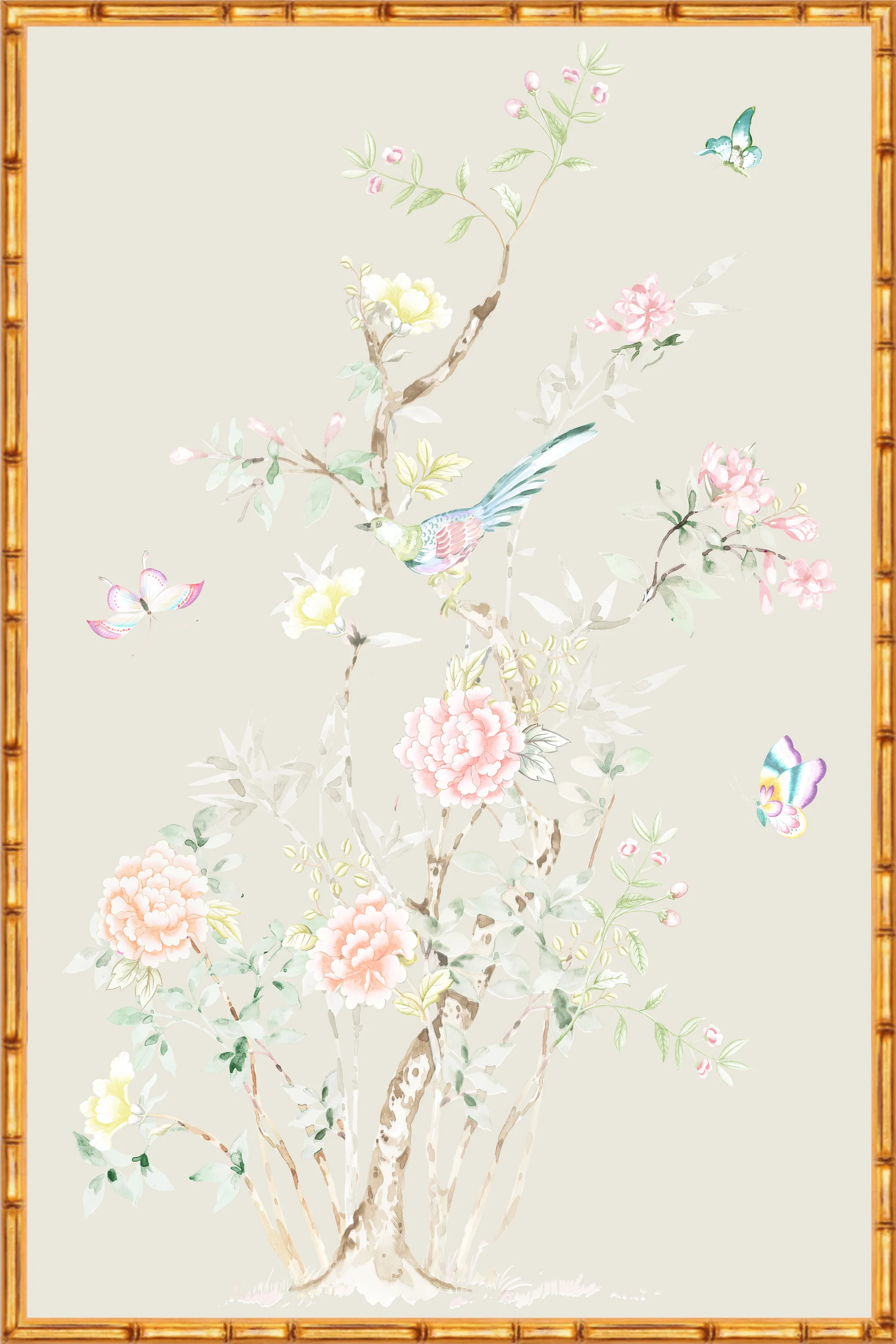 "Chinoiserie Garden 2" Framed Panel in "Dune" by Lo Home X Tashi Tseri | Lo Home by Lauren Haskell Designs