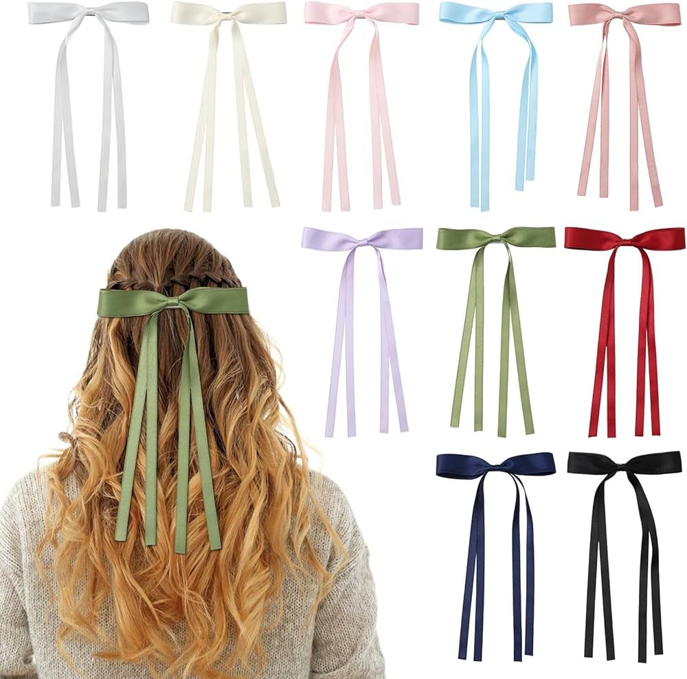 10 PCS Hair Bows for Women, Satin Hair Ribbon with Long Tail Bowknot Hair Clips for Women Girls, ... | Amazon (US)