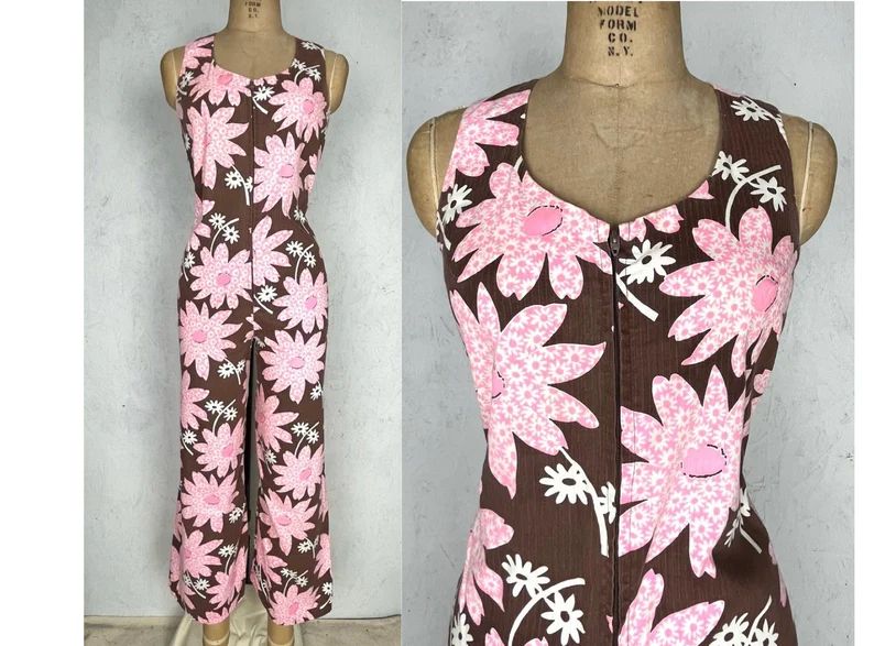Vintage 60’s 70’s Pink Brown Psychadelic Flower Print Pattern Jumpsuit sz 32” Chest Xs Peti... | Etsy (US)