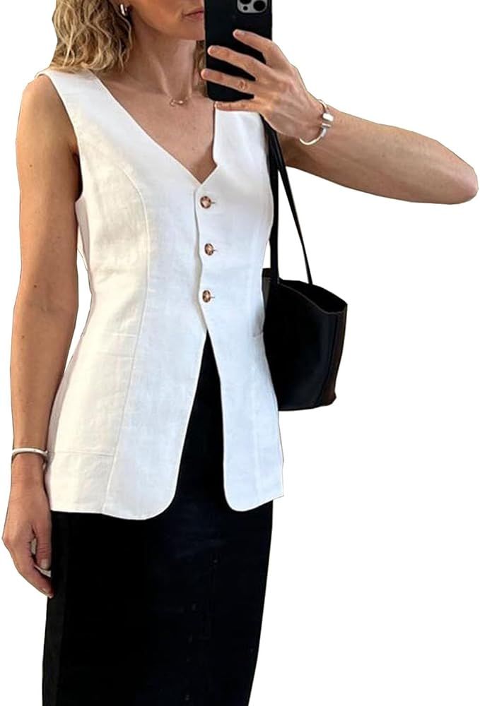Long Linen Waistcoat Vest for Women Summer Casual V Neck Button Down Sleeveless Tops with Pocket | Amazon (US)
