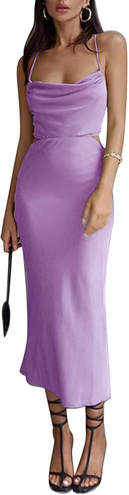 WOWDARK Satin Backless Midi Dress for Women Sexy Sleeveless Lace Up Cowl Neck Summer Dress Wedding G | Amazon (US)