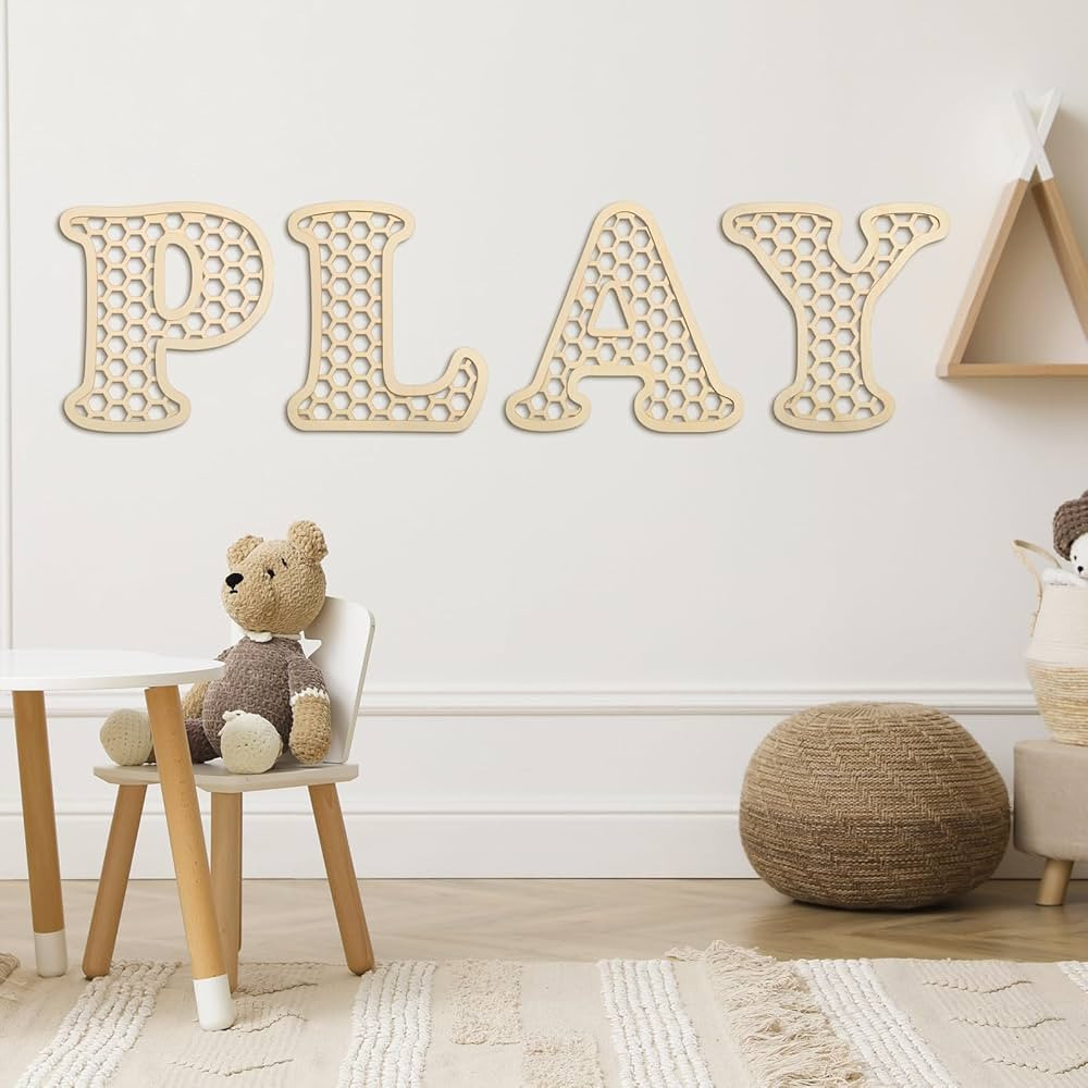 Wooden Play Rattan Letters Set Playroom Decor Boho Wall Signs Play Wooden Rattan Letters Wall Dec... | Amazon (US)