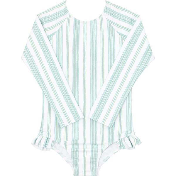 Cumberland Stripe Rashguard One Piece, Green/White - Minnow Swim | Maisonette | Maisonette