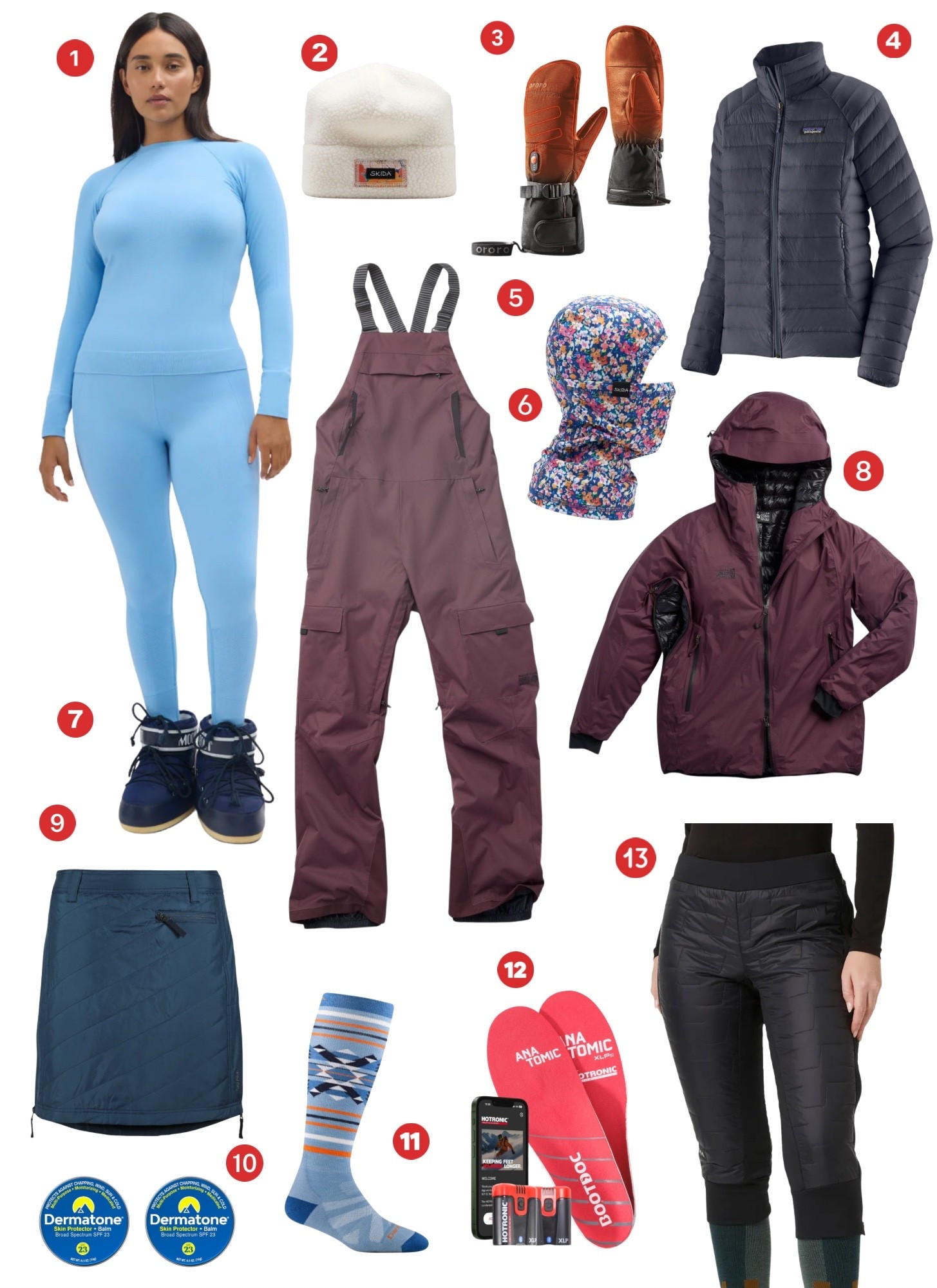 Cold weather essentials for skiers. Start with a great base (layer) I ❤️ Halfdays. Next add a mid layer. I vote for Helly Hansen capris and the classic Patagonia puffy “sweater”. Next you need insulated top layers. Bibs are warmest. And you MUST get a jacket that has a hood that fits over your helmet. This is KEY to preserving heat 🔥 . 

Now, let’s talk accessories. Darn Tough ski socks cost more but last. The merino is important. For your head, you need a balaclava — Skida is my pick. 

Finally, for true warmth, battery operated warmers are the call. These heated gloves are rechargeable and so are the batteries for these boot heater that go in the boot. Trust me they are THE BEST. 

Don’t forget about your skin—Dermatone is a great option for wind, sun and cold protection.

I love a snow skirt for Aprés warmth and a cute fleece pile hat with moon boots.

Stay warm ladies! 

#LTKActive #LTKootd #LTKTravel