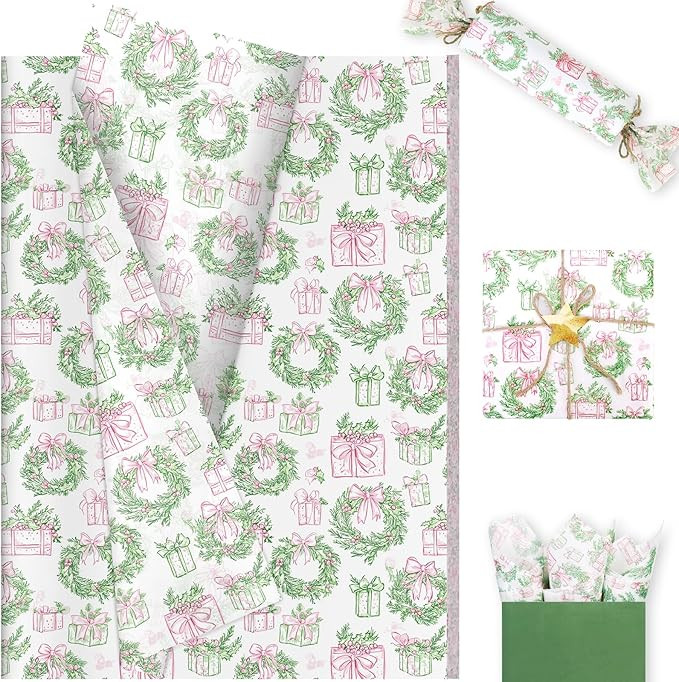 100 Sheets Pink Christmas Garland Tissue Paper, 20 x 14in Coquette Bows and Preppy Garland Tissue... | Amazon (US)