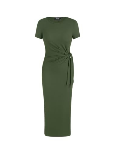 CIDER Round Neckline Bowknot Solid Split Midi Dress: Olive Green, XL | Amazon (US)