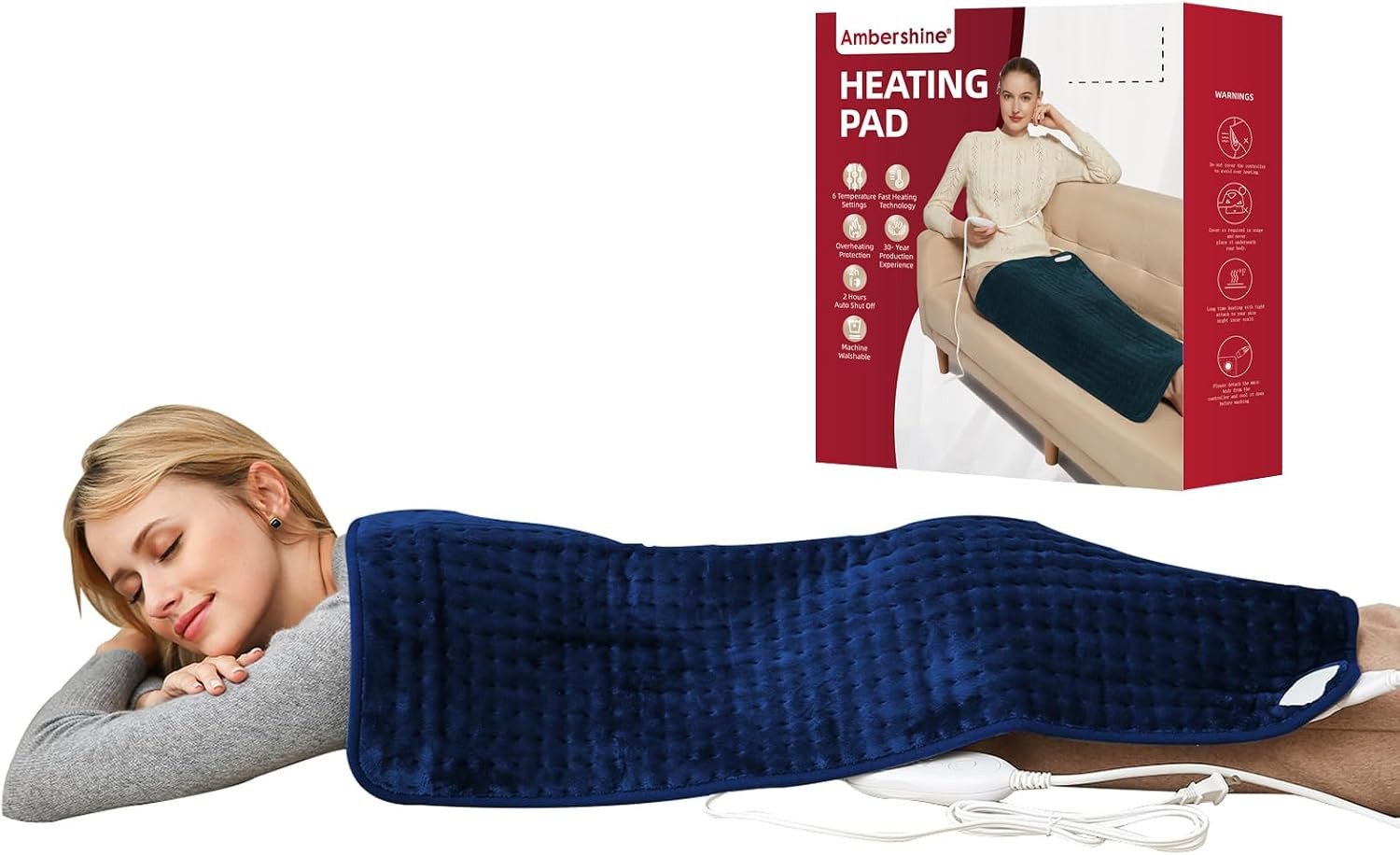 Ambershine 17''x33'' XXXL King Size Heating Pad with Fast-Heating Technology&6 Temperature Settings, Flannel Electric Heating Pad/Pain Relief for Back/Neck/Shoulders/Abdomen/Leg(Dark Blue) | Amazon (US)