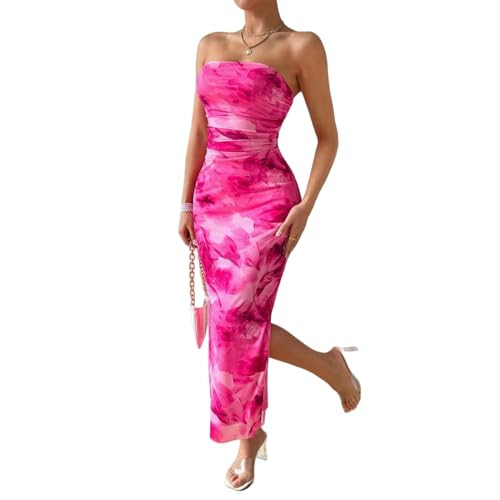 LIGHT DOT Women's Summer Dress Printed Strapless Tube Bodycon Maxi Side Slit Mesh Layered (Fuchsia,S) | Amazon (US)