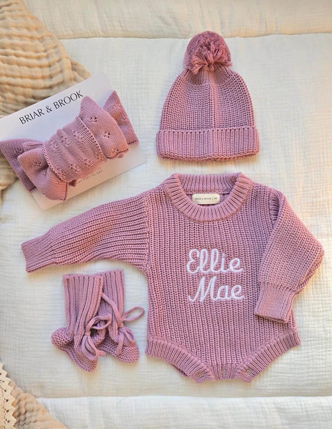 Personalize Embroider Lavender Baby Girl Chunky Knit Romper Coming Home Photo Announcement First ... | Etsy (US)