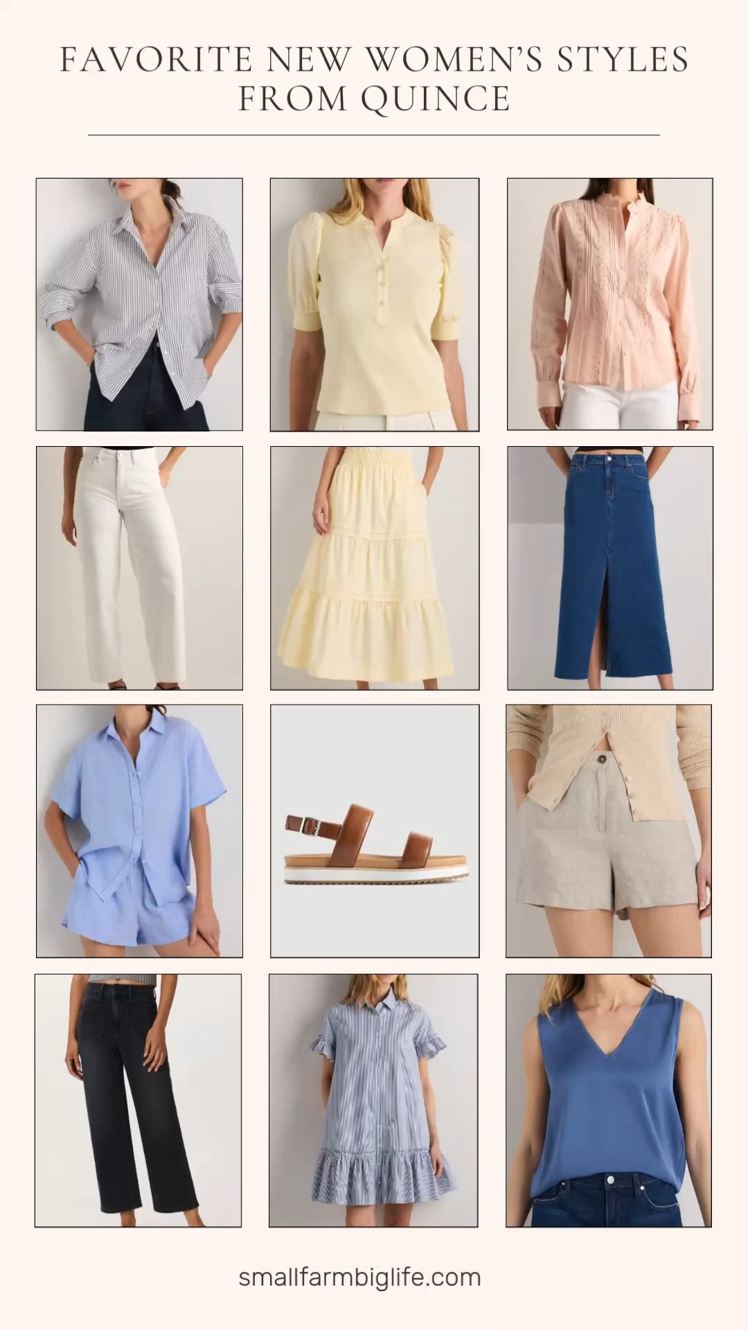 New favorite styles from Quince and I am completely obsessed with everything in this round up right now 🤍✨ A moonstone blue washable stretch silk tank, a light blue stripe 100% organic cotton poplin short sleeve ruffle shirt dress, a French blue 100% European linen shorts pajama set, flax 100% European linen trouser shorts, a ballet slipper pink organic cotton voile lace detail blouse, faded black Bella stretch patch pocket wide leg jeans, a butter yellow 100% organic cotton poplin tiered maxi skirt, a butter yellow cotton mixed media puff sleeve top, a steel grey Soho stripe 100% organic cotton poplin long sleeve boyfriend shirt, white Bella stretch barrel jeans, brown Italian leather platform sandals, and a blue stretch denim 5-pocket midi skirt. Quince is doing so many things right, right now and the fabric quality across all of these pieces is just so good. Linen, silk, organic cotton, Italian leather that are all at a price point that makes it so easy to actually invest in quality pieces for your wardrobe this spring and summer. Everything is linked! 🛒 

 #LTKgrwm #LTKootd #LTKOver40