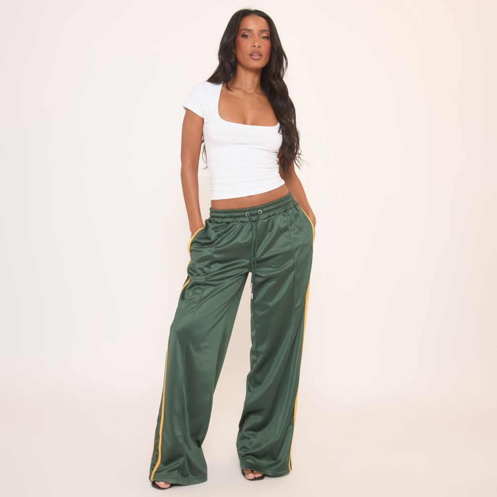 Mid Rise Tie Waist Detail Contrast Side Stripe Joggers In Green | EGO (UK)