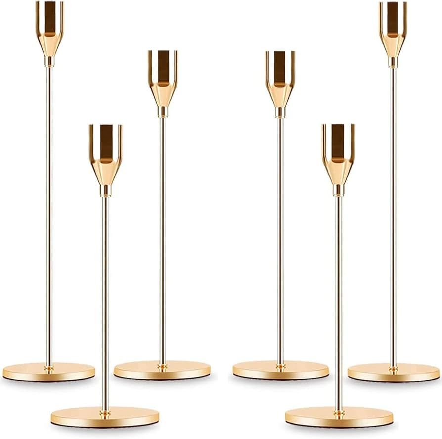 Gold Taper Candle Holder Set of 6, Brass Gold Tall Candlestick Holders, Metal Vintage Candle Stic... | Amazon (US)