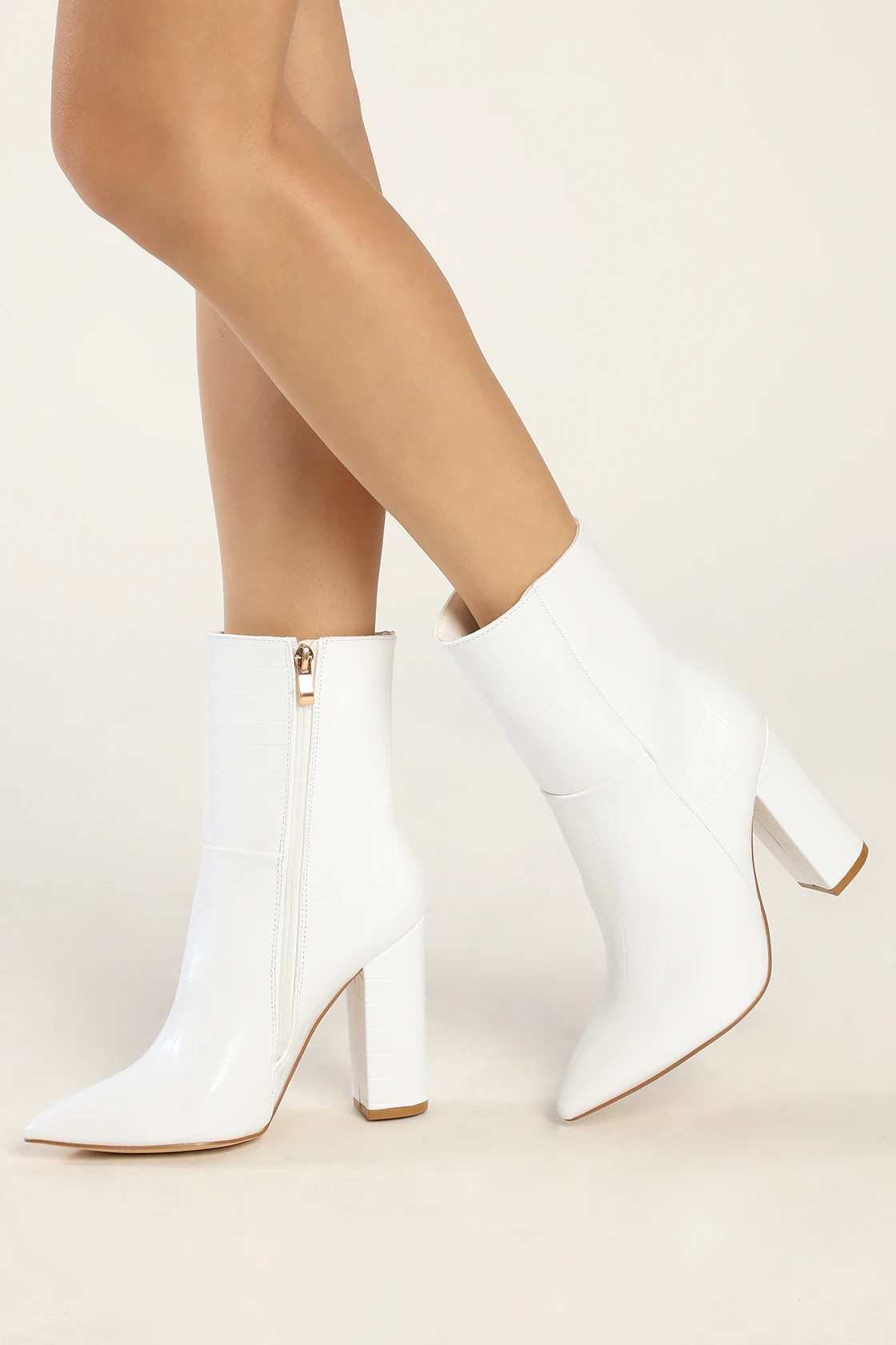 Dawson Ivory Crocodile-Embossed Pointed-Toe Mid-Calf Boots | Lulus (US)