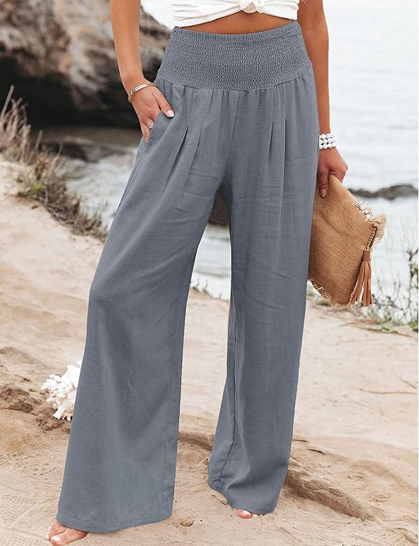 HangNiFang Cotton Linen Wide Leg Pants for Women Elastic High Waist Summer Work Pants Trousers | Amazon (US)