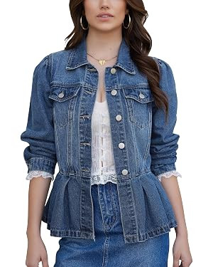 MISS MOLY Women's Denim Jacket Puff Sleeve Button Down Ruffle Hem Jean Jacket Coat | Amazon (US)