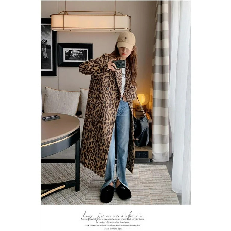 utcoco Womens Leopard Long Wool Trench Coat Winter Warm Overcoat | Walmart (US)