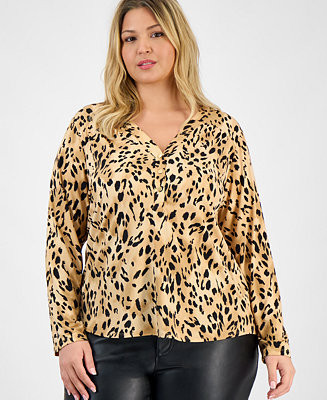 I.N.C. International Concepts Plus Size Printed Long-Sleeve Button-Neck Top, Macy's Exclusive - M... | Macy's