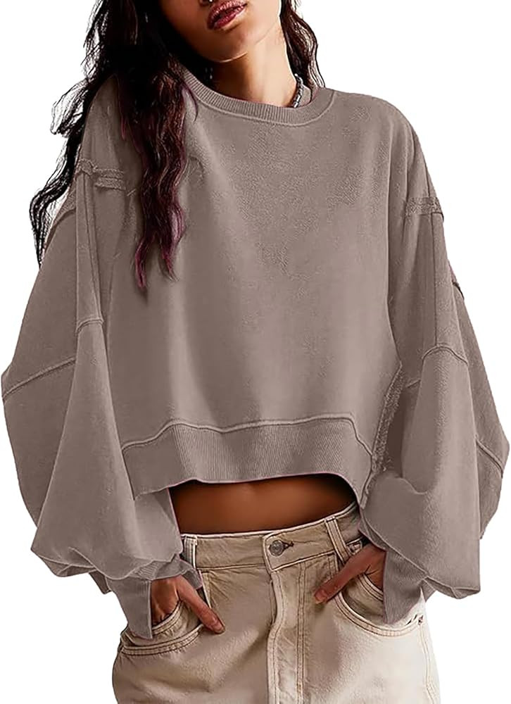 EGUGYDW Womens Crewneck Sweatshirts Cropped Long Sleeve Side Slit Loose Fit Teen Girls 2024 Fall ... | Amazon (US)