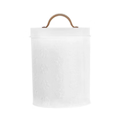 Amici Pet Small White Metal Canister (8" H x 5.5" L) - Airtight Gasket Lid & Handle, Embossed with Puppy Paws - Decorative Pet Food Storage Jar, 64 Oz | Target