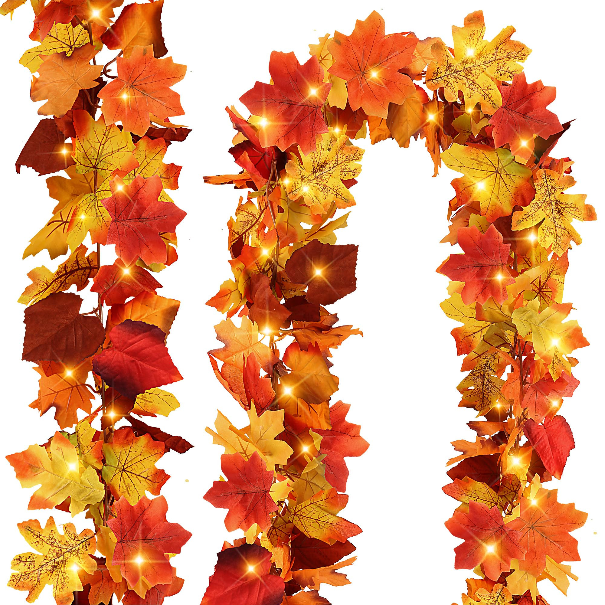 Sggvecsy Paquete de 2 guirnaldas de hojas de arce de otoño con luces de 6.75 pies/pieza, hojas d... | Amazon (US)
