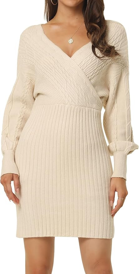 Seta T Women's 2023 Fall V Neck Sweater Dress Batwing Sleeve Cable Knit Chunky Bodycon Pullover S... | Amazon (US)