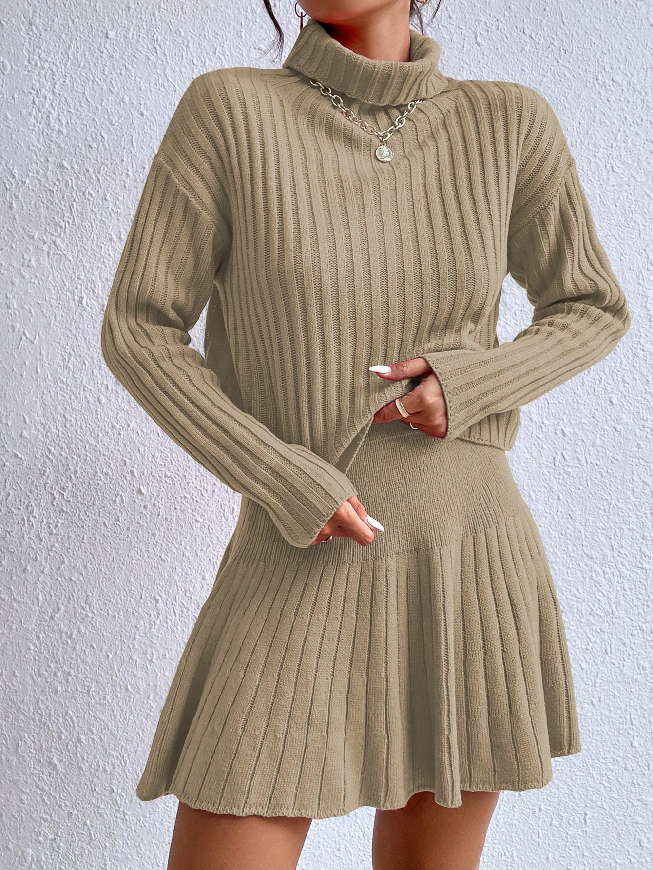 SHEIN Privé Turtleneck Drop Shoulder Sweater & Knit Skirt | SHEIN