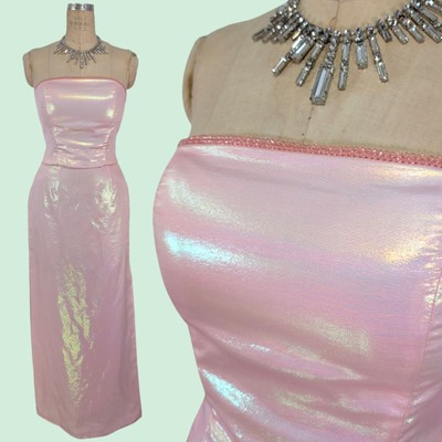 Vtg 90s Prom Dress Sz S Pink Metallic Wet Look Iridescent Strapless 2 Pc Long | eBay | eBay US