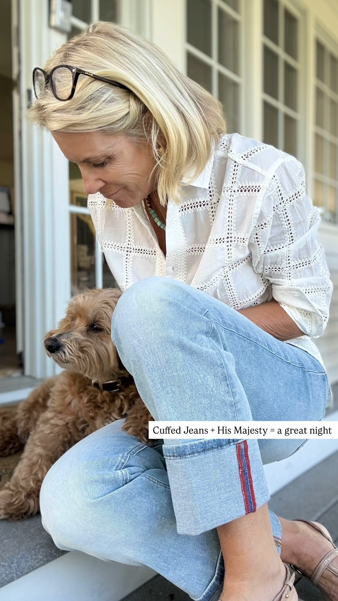 These cuffed jeans are one of my favorite everyday finds. The relaxed fit, fun striped cuff detail, and light wash make them easy to style with everything from a feminine blouse to a simple tee. Bonus points for a little porch time with my favorite sidekick. 🐶

❤️ Heart = Support my posts
📌 Save = Get sale & restock alerts
🛍️ Follow me on LTK for more effortless everyday style.

#LTKootd #LTKMidsize #LTKWorkwear