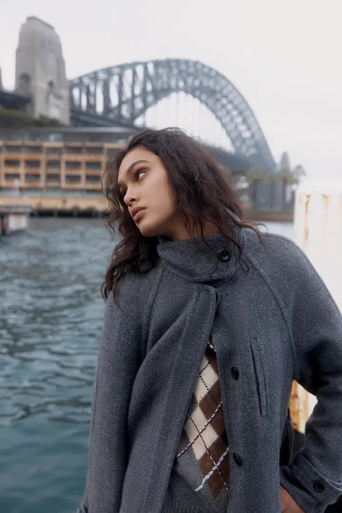 Edwina Grey Long Herringbone Coat in Lightweight Merino Wool | Fabrique