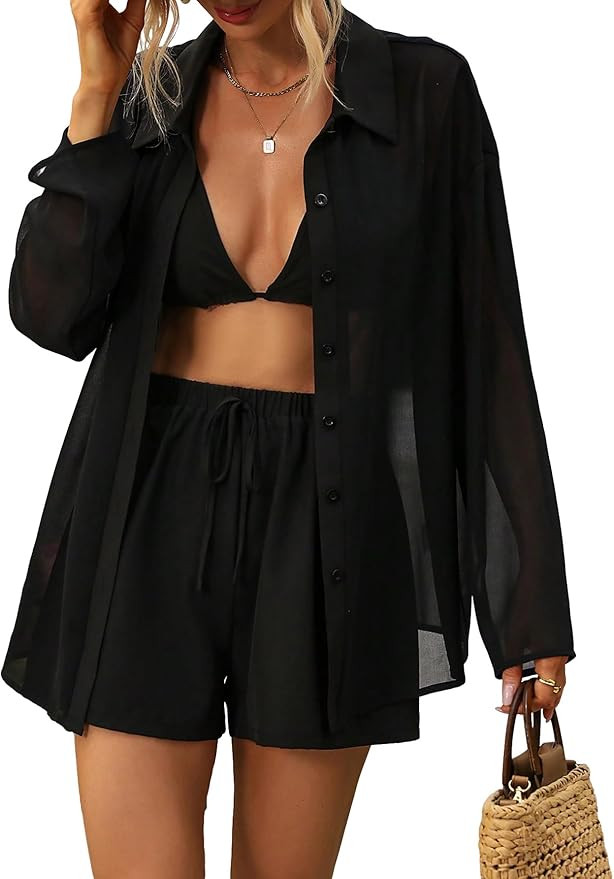 GORGLITTER Women's 3 Piece Vacation Outfits Sheer Button Down Shirt and Halter Cami Top with Knot... | Amazon (US)