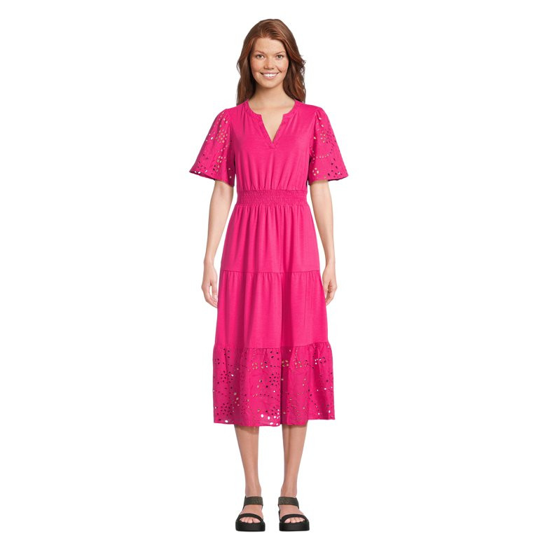 The Pioneer Woman Eyelet Smocked Waist Ruffle Dress with Short Sleeves, Women's, Sizes XS-XXXL | Walmart (US)